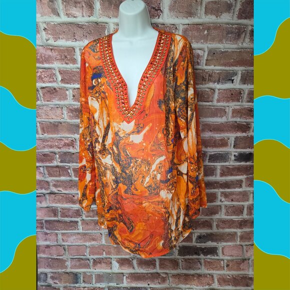 Lane Bryant Tunic 14/16 | Marble Print Beaded V Neck Flare Hem Sheer Boho Glam - Picture 1 of 7